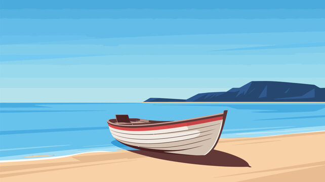 Small wooden boat resting on a sandy beach under clear blue sky near distant mountains