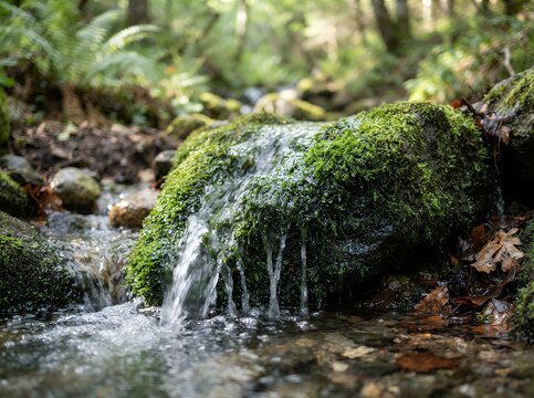 Moss covered rock with water flowing over it in a forest stream.