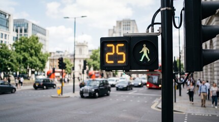 Naklejka premium Busy London street scene featuring a pedestrian crossing signal with a green walking man icon and a digital countdown timer showing twenty five seconds remaining for safety
