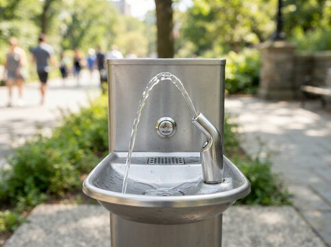 Public drinking fountain in a park with people walking in the background.