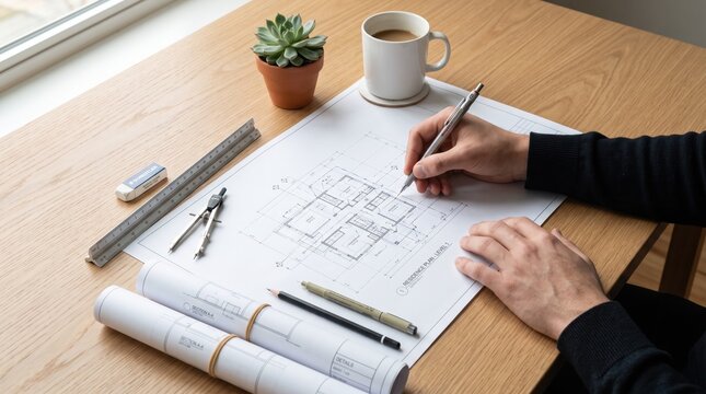 Architect hands drawing detailed floor plan blueprint on wooden desk, architectural design process with ruler and compass tools, construction engineering showing precision
