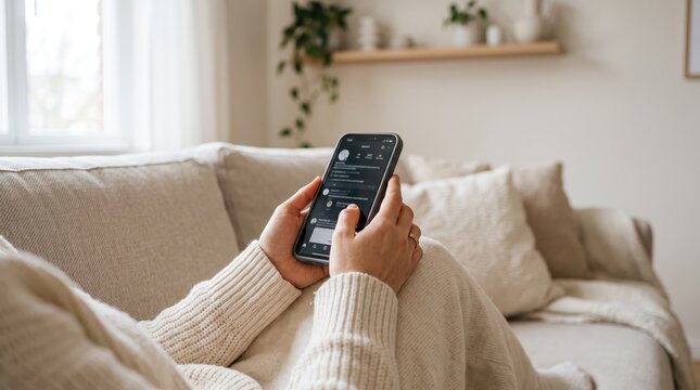 Young woman relaxing on beige sofa using smartphone for social media messaging, cozy home interior lifestyle, casual communication technology usage, comfortable living room