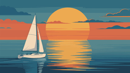Naklejka premium Solitary sailboat glides across tranquil water as the big orange sun sets