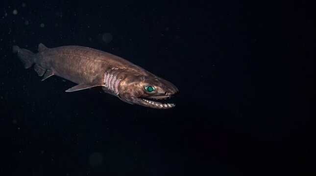 Frilled Shark Swimming with Eel-like Serpentine Undulations Showing Six Frilled Gill Slits and Tricuspid