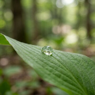 Single Water Droplet Resting on a Green Leaf in a Forest.