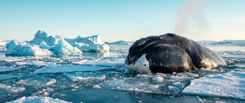 Bowhead Whale Massive Triangular Bowhead Crown Breaking Through Half-meter Sea Ice To Breathe in