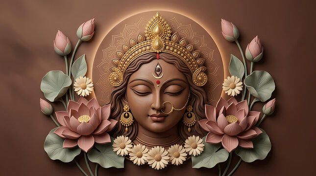 Durga puja goddess serene face with golden crown pink lotus flowers floral decorations and elegant handcrafted relief style artwork for Navratri festival