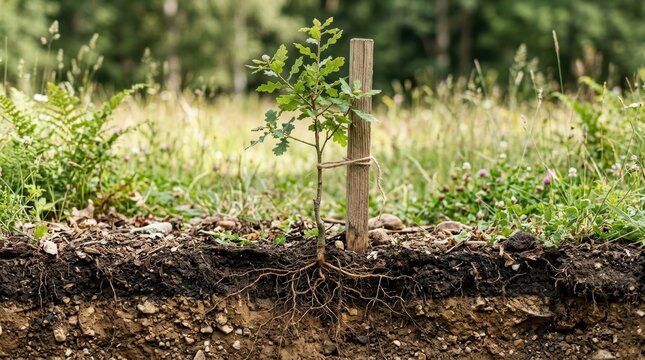 Young tree supported by stake