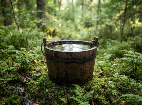 Wooden bucket filled with water in a lush green forest setting.