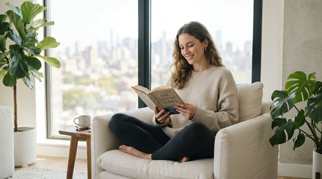 Young woman reading a book comfortably in a chair by the window.