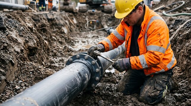 Construction worker in hard hat and high visibility vest tightening bolt on underground pipe with wrench in muddy trench at industrial site for futuristic infrastructure development