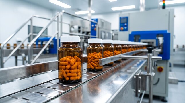 Close up focus on amber medicine bottle filled with orange capsules on automated conveyor belt in sterile futuristic pharmaceutical factory with machinery in background