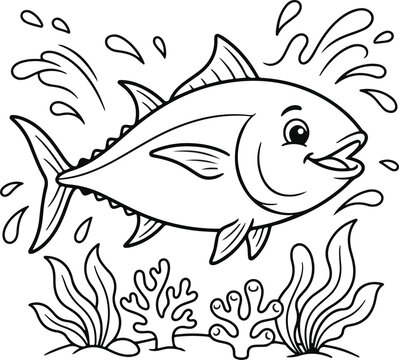 Coloring page for children with a cute tuna fish swimming in the ocean