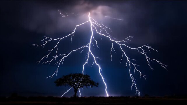Dramatic lightning strikes behind a silhouetted lone tree in the dark night sky.