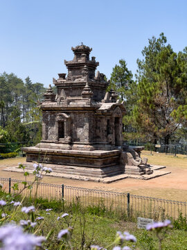Ancient stone Gedong Songo Hindu temple stands on the sunny slope of Mount Ungaran in Central Java, Indonesia.