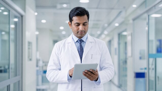 Professional Indian doctor using digital tablet in hospital corridor. Medical specialist in white lab coat reviewing patient data in modern clinic.