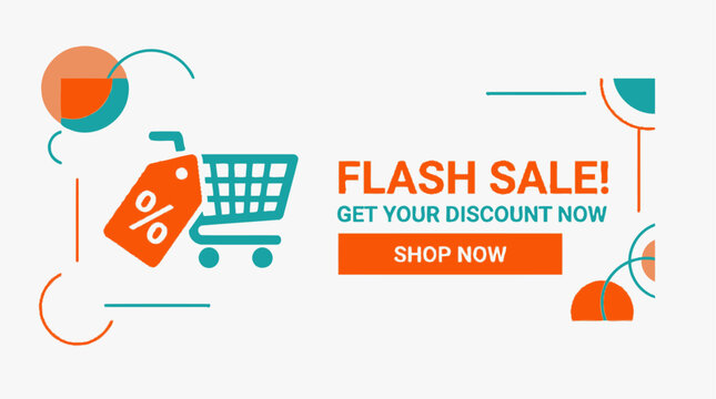 Flash sale banner design template with shopping cart and discount tag illustration