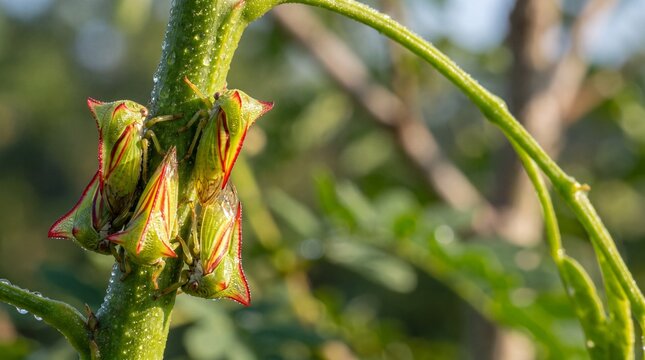 Oak Treehopper Thorn Bug Brood Clustered Along Green Stem Mimicking Sharp Pointed Botanical Plant