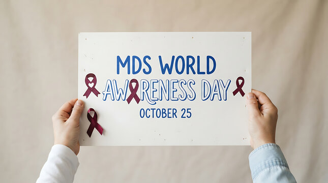 Hands holding MDS World Awareness Day sign with purple ribbon for October 25 4K HD
