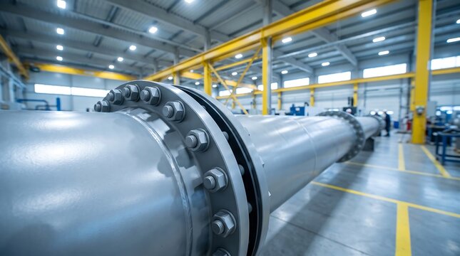 Long steel pipe section with bolted flange connection inside bright modern industrial manufacturing plant with yellow safety floor markers representing futuristic engineering and scale