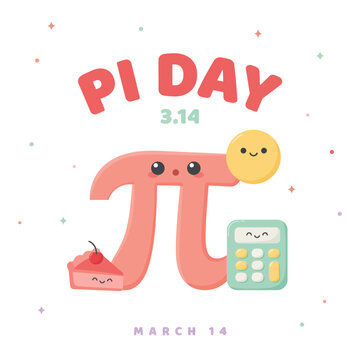 Pi day march 14 math celebration featuring a cute pi symbol with a slice of pie and a calculator on a white background flat