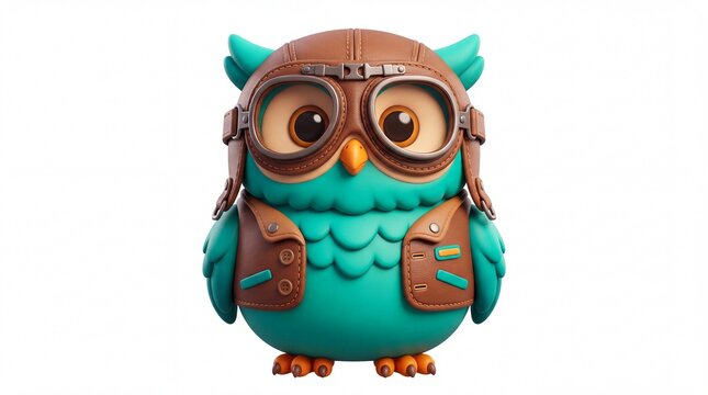 Adorable turquoise owl character wearing vintage leather aviator goggles and pilot vest