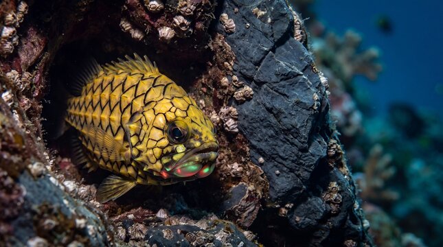 Japanese Pinecone Fish Resting Inside Dark Rocky Crevice Showing Armor-like Yellow Scutes with Black