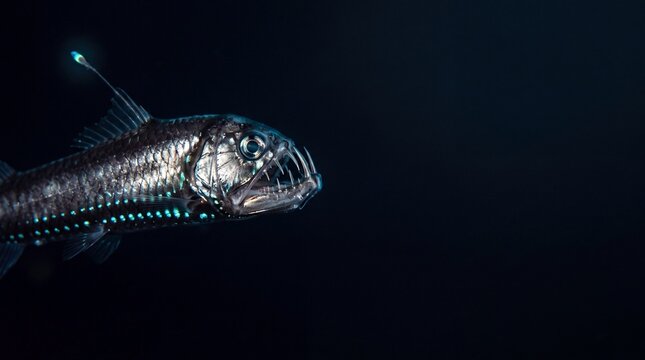 Pacific Viperfish Stalking with Needle Fangs Curving Outside Mouth and Glowing Photophore Lure on
