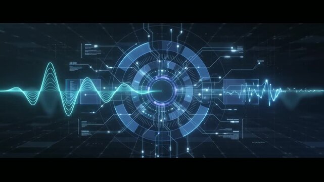 Futuristic AI voice agent receives speech, analyzes intent and generates an intelligent response through a sophisticated conversational artificial intelligence system.