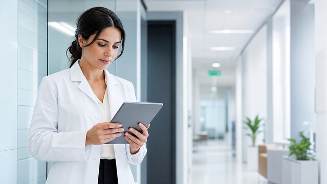 Professional female doctor using digital tablet in modern hospital. Healthcare worker reviewing medical records in bright clinic hallway.
