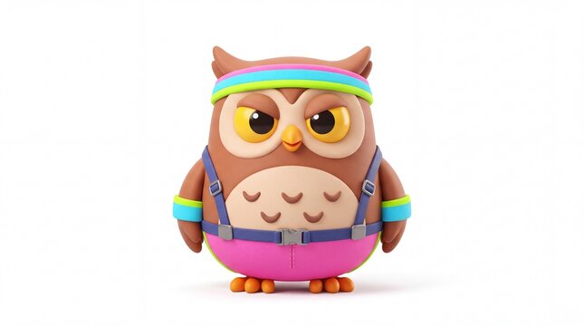 Determined 3D owl character wearing colorful sports gear and fitness apparel for workout