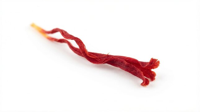 Single saffron stigma rests on white. Its deep red hue is vivid and rich. Fiber-like strands curl gently from its tip. The ends fray softly, revealing texture. Ideal for culinary, wellness