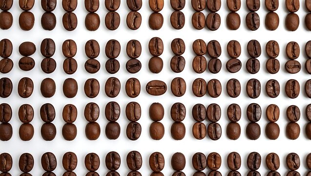 Numerous dark brown roasted coffee beans are arranged in rows on a white surface creating a textured background.