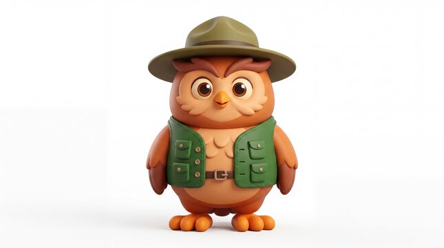 Adorable 3D owl character wearing park ranger scout uniform with green utility vest and hat