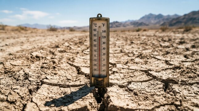 Old thermometer stands in cracked, arid earth. Sunlit desert stretches wide behind it. Mountains loom distant under clear blue sky. Thermometer shows dangerously high temperatures