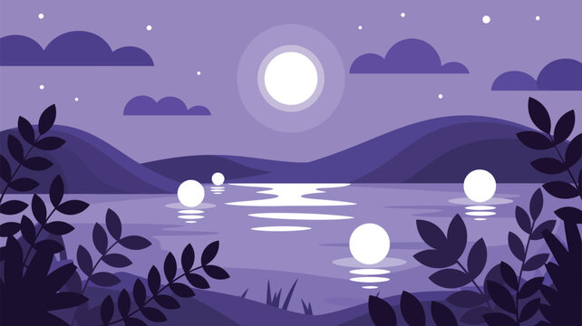 Tranquil night scene featuring a full moon reflecting on a calm lake surrounded by hills and foliage