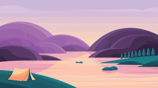 Tranquil purple mountain landscape surrounding a calm lake with a lone camping tent by the waters edge