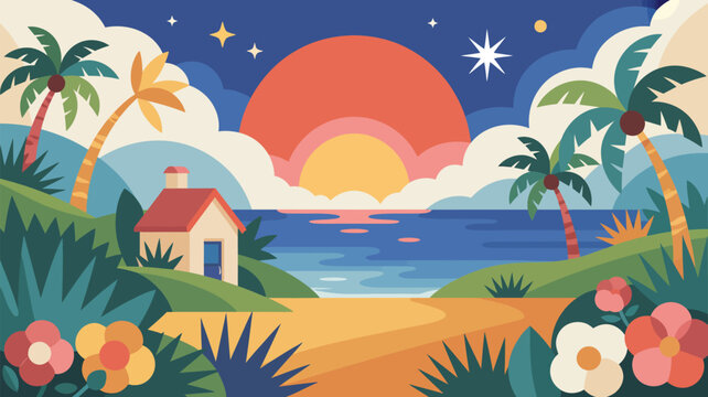 Tropical beach house among palm trees and flowers with sun setting over ocean