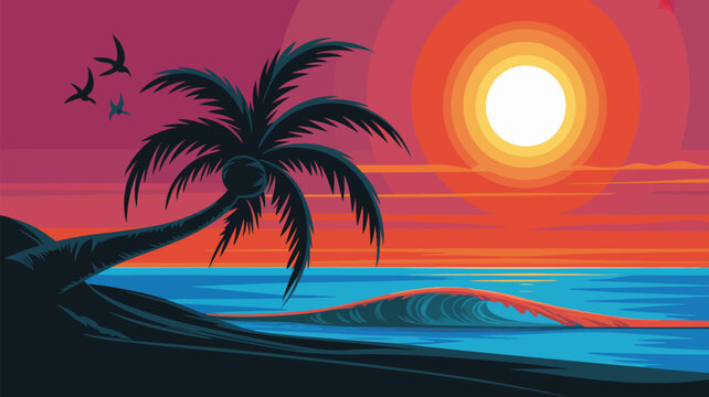 Tropical beach sunset scene with a bent palm tree, ocean waves, and flying birds