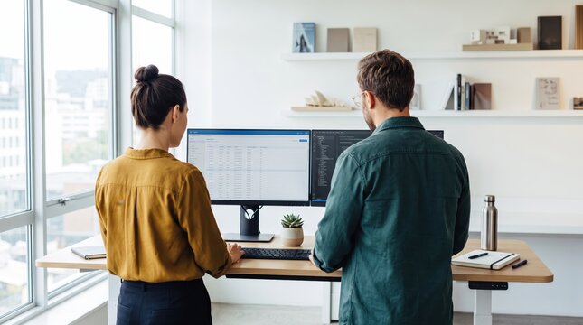 Two software developers standing at a height adjustable desk analyzing code and data on dual computer monitors in a modern open plan office, representing teamwork, programming