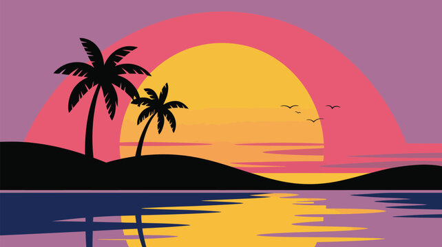 Tropical beach sunset with silhouetted palm trees reflecting on calm ocean water