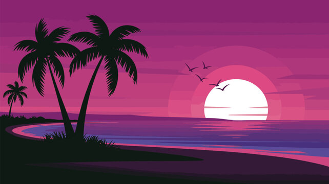 Tropical beach sunset with silhouetted palm trees and flying birds over the ocean