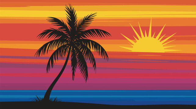 Tropical sunset scene with a silhouetted palm tree overlooking the colorful ocean