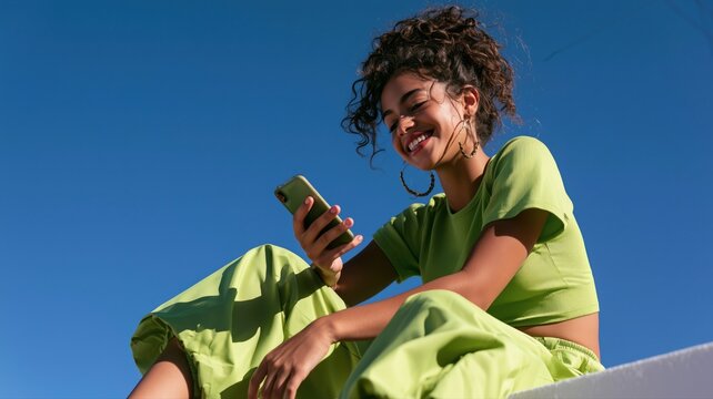 スマートフォンを見て笑顔の女性が座っている。青空の下でリラックスしたライフスタイルやSNS利用のシーン