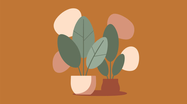 Two potted green leafy plants stand on a warm brown surface with light abstract shapes