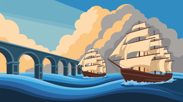 Two tall ships sailing on wavy blue ocean next to a majestic stone bridge