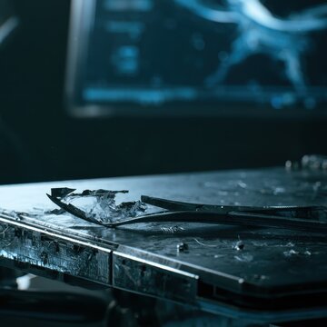 Macro shot of a damaged surgical tool on the edge of an operating table, with a holographic display in the background, dark, tense mood