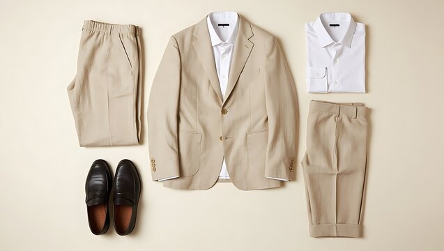 A beige linen suit jacket is laid out with a white dress shirt and tan linen trousers and dark loafers.
