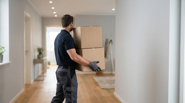 Delivery person carrying cardboard boxes in modern apartment hallway