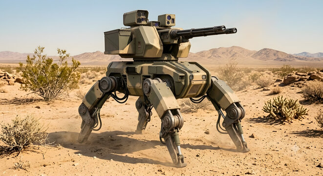 Futuristic Autonomous Military Robot Patrolling Arid Desert Terrain